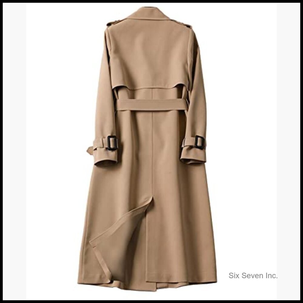 Double Breasted Long Trench Coat Belted Notch Lapel Overcoat Windproof - Picture 2 of 5